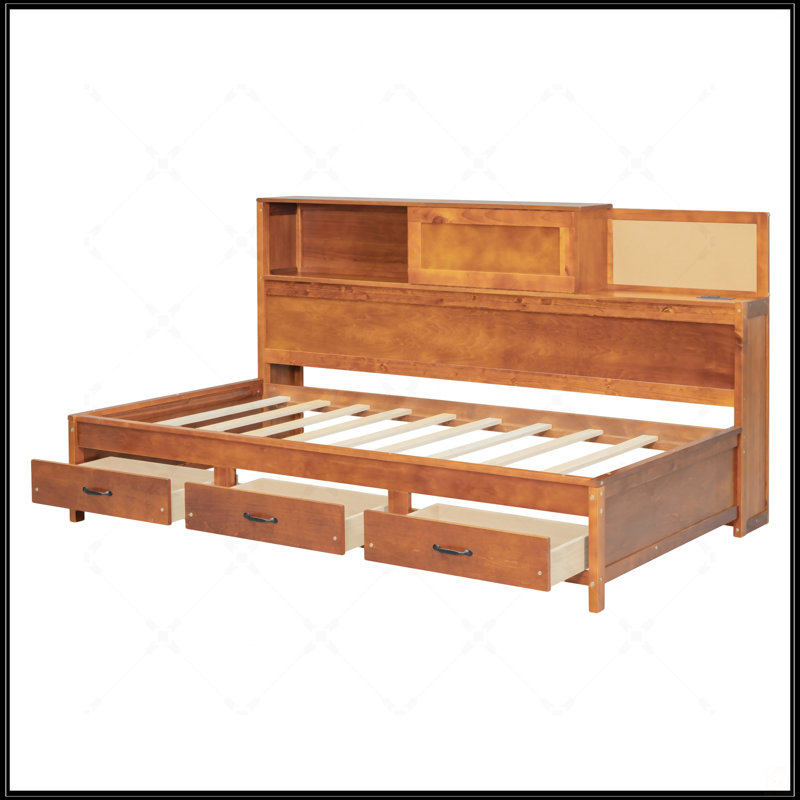 Twin Size Wooden Daybed With 3 Storage Drawers, Soft Board, Shelf, And USB Ports, Walnut