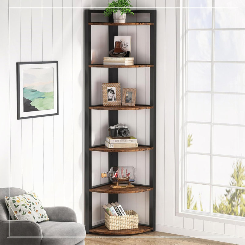 70.87" Tall 6-Tier  Corner Bookshelf Storage Shelf For Living Room & Office, Rustic Brown