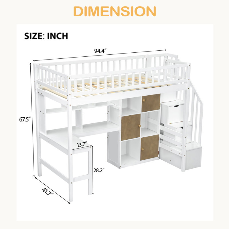 Lit mezzanine simple en bois avec bureau intégré, DEL, tablettes de rangement, armoires et escalier, Blanc