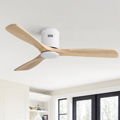 52" Smart White Flush Mount 3-Blade Solid Wood Ceiling Fan (No Light), With Smart Speakers/Apps/Remote Control