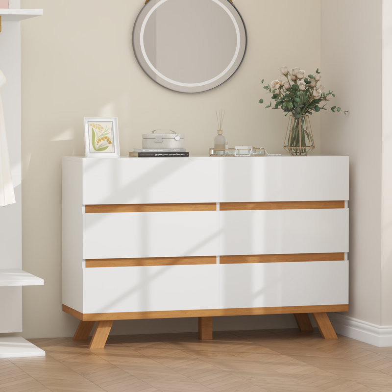 White Dresser For Bedroom With 6 Drawers, 47.2 Inch White High-Gloss Chest Of Drawers For Living Room