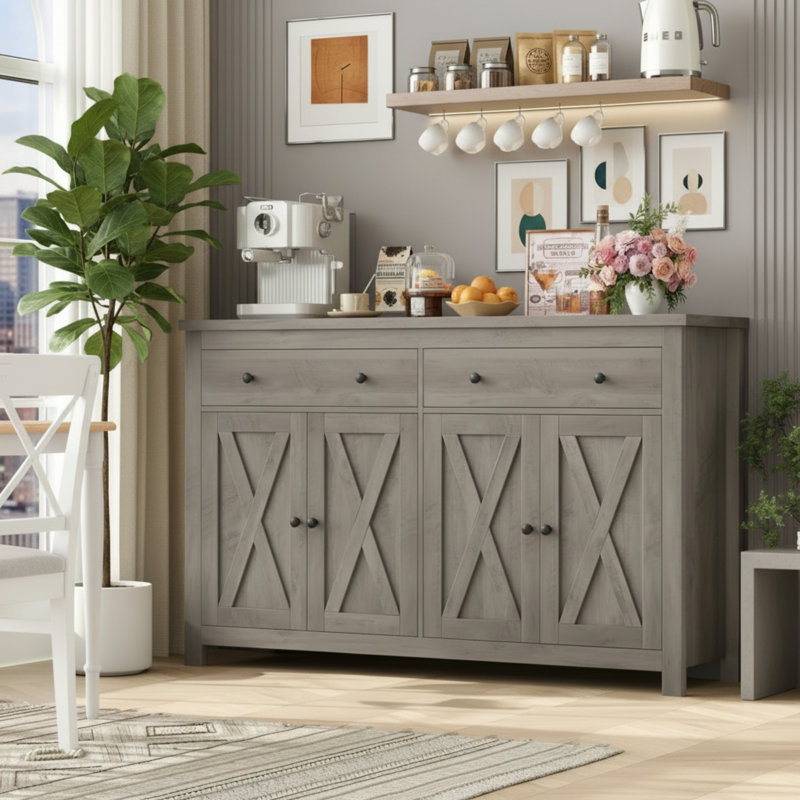 Gray Kitchen Sideboard, 4 Doors, 2 Drawers, Large Capacity, Adjustable Shelves., Gray