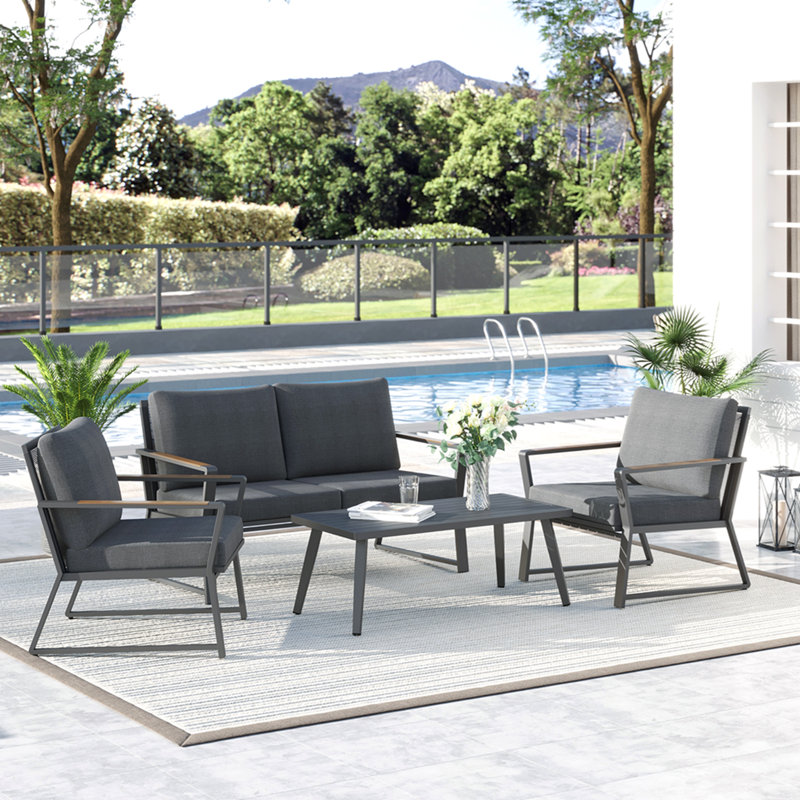 Ensemble de meubles de patio 4 pièces, ensemble de conversation en aluminium, ensemble de canapé de jardin extérieur avec fauteuils, causeuse, table basse et coussins centraux, gris foncé