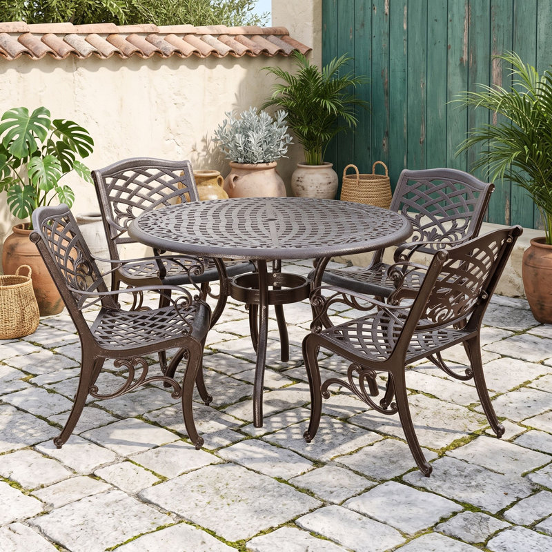 Ensemble de salle à manger d'extérieur 5 pièces avec table ronde, trou pour parasol et 4 chaises, résistant aux intempéries