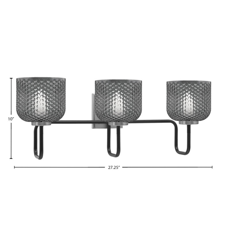 Barre d'éclairage de salle de bain 3 lumières Amarmula, noir mat et finition graphite, verre texturé fumée 6 po