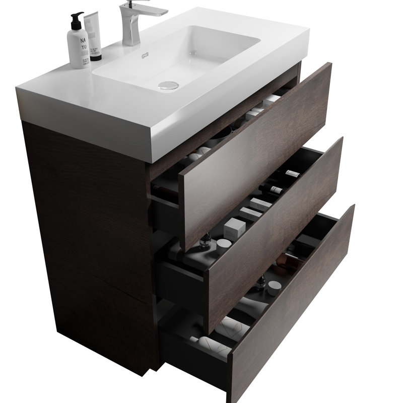 Meuble-lavabo de salle de bain 36 po - Noyer, lavabo blanc, rangement immense, élégant, lavabo pour instruments moderne, accumulations de finition, terrassement