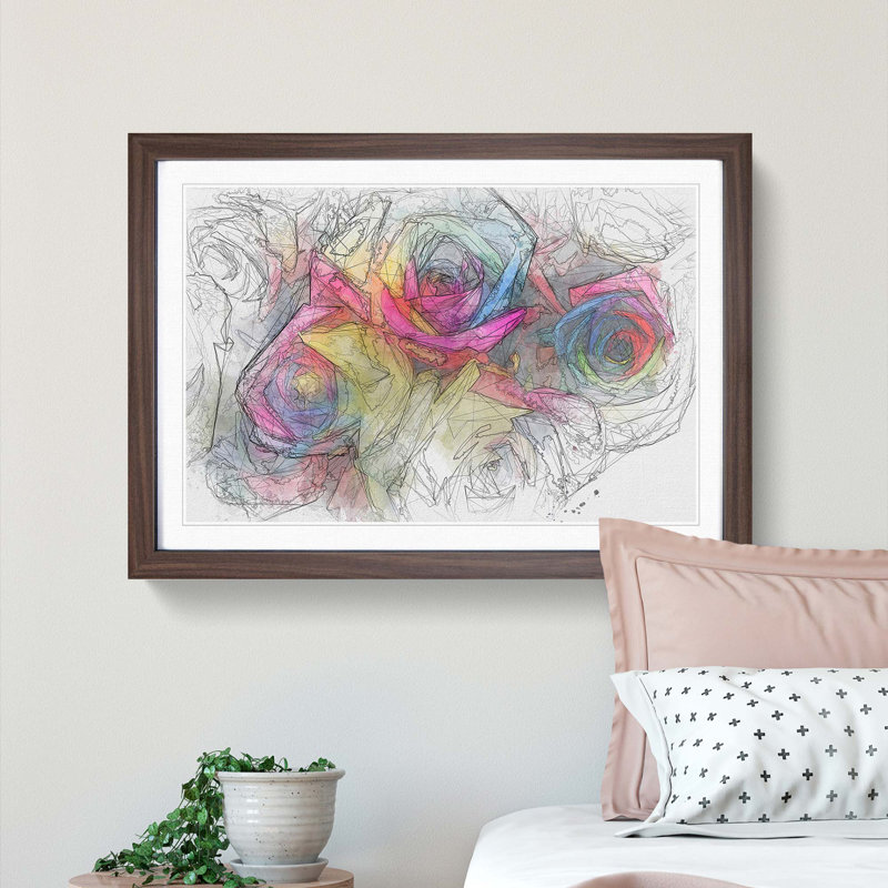 Multi-Coloured Rainbow Roses in Abstract - Framed Print, 48cm H x 65cm W x 2cm D, Walnut Framed