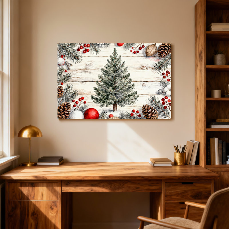 Arbre de Noël, pommes de pin, baies et ornements sur fond de bois, H 28 po x l 40 po