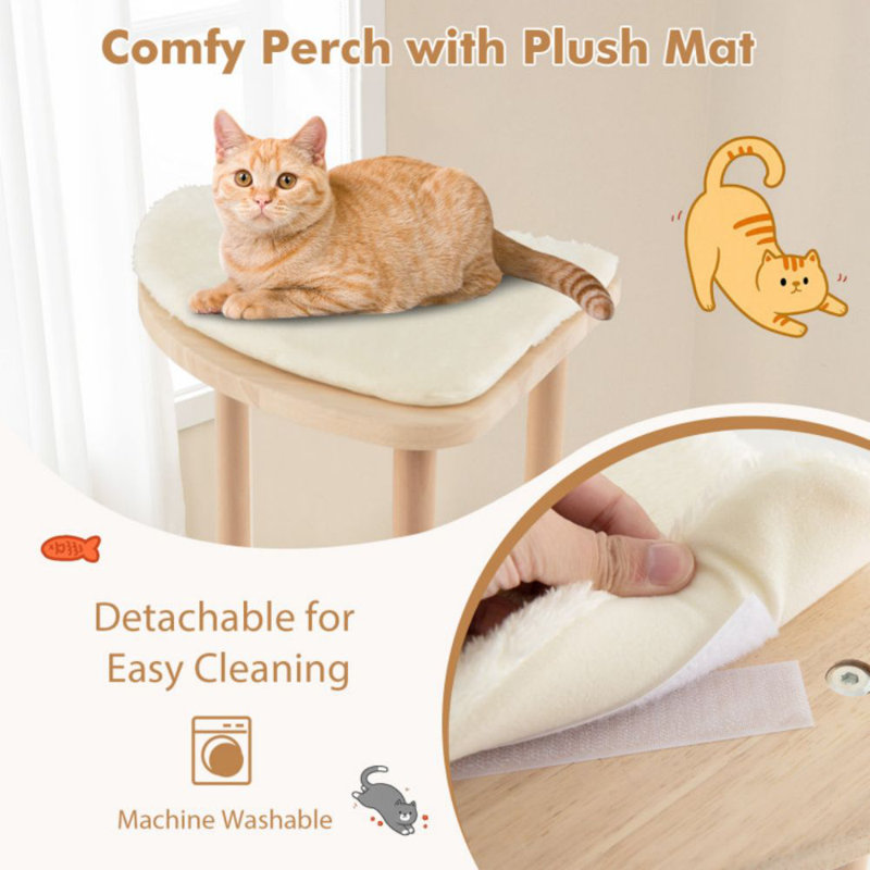 44-Inch Beige Wooden Multi-Level Cat Tower with Sisal Scratching Post