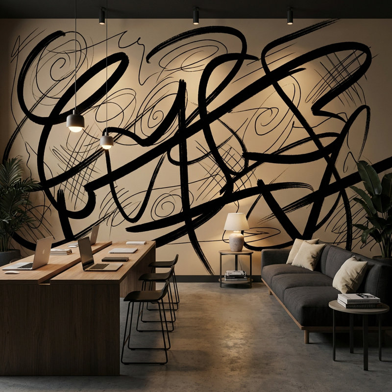 Papier peint dynamique abstrait noir avec décoration murale dynamique, Non-Woven Nonpasted, 160"x108"