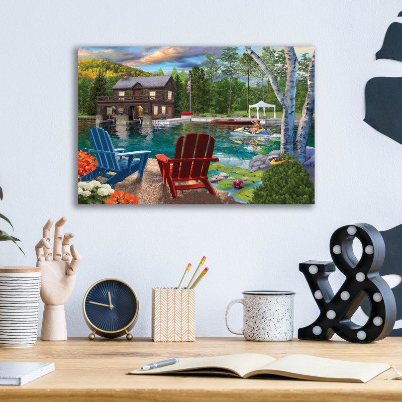 «Summer At The Boathouse» par Bigelow, illustrations sur verre acrylique, H 12 po x l 16 po x P 0,13 po