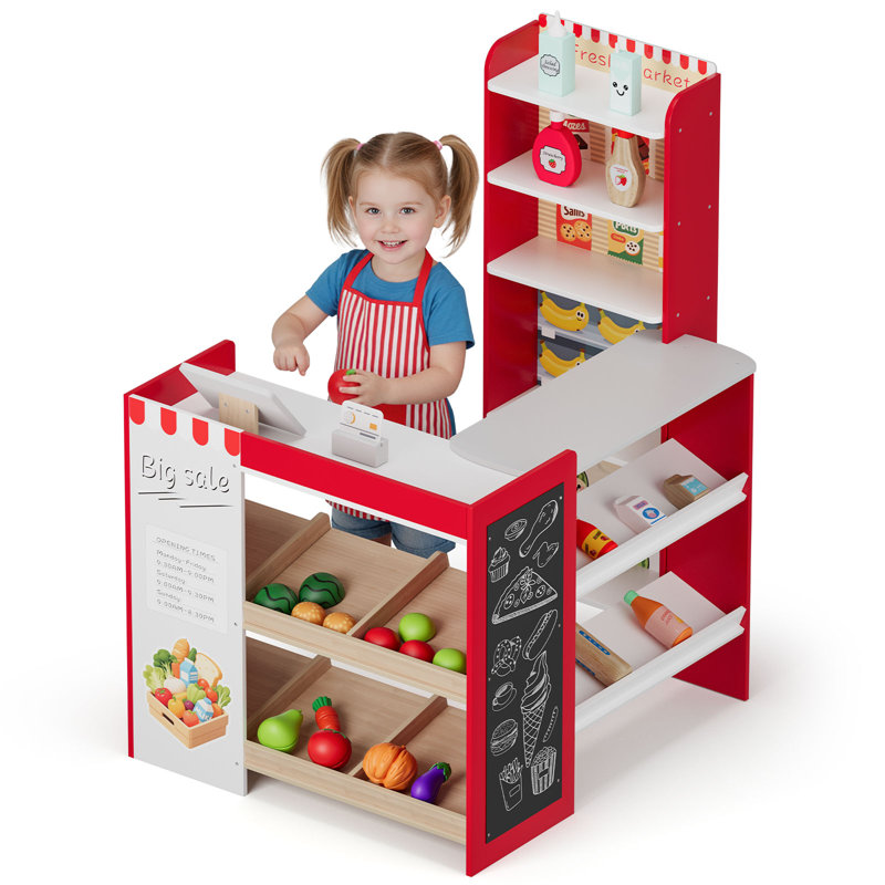 Kids Pretend Play Grocery Store Playset, Wooden Supermarket Toy Set, Toddler Market Checkout Stand With Chalkboard, Cash Register, Display Shelves, Play Food Accessories