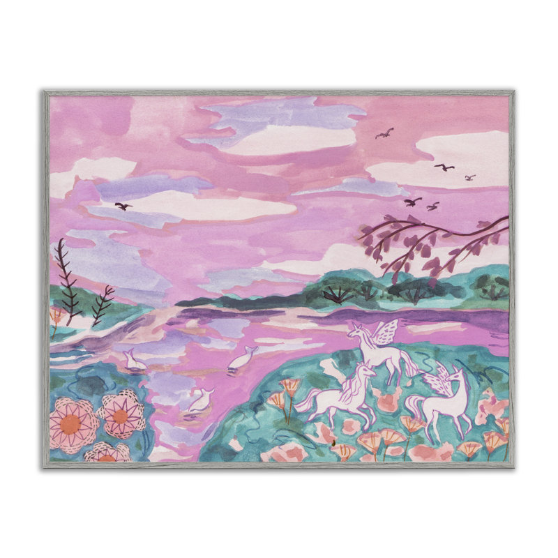 Licorne rose fantaisiste encadrée par Melissa Wang, Estampe numérique Farmhouse, H 24 po x l 30 po