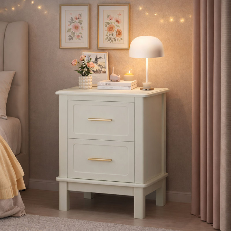 15.75" Nightstand with 2 Drawers with Gold Handles For Small Spaces, Living Room, Kids Room & Guest Room