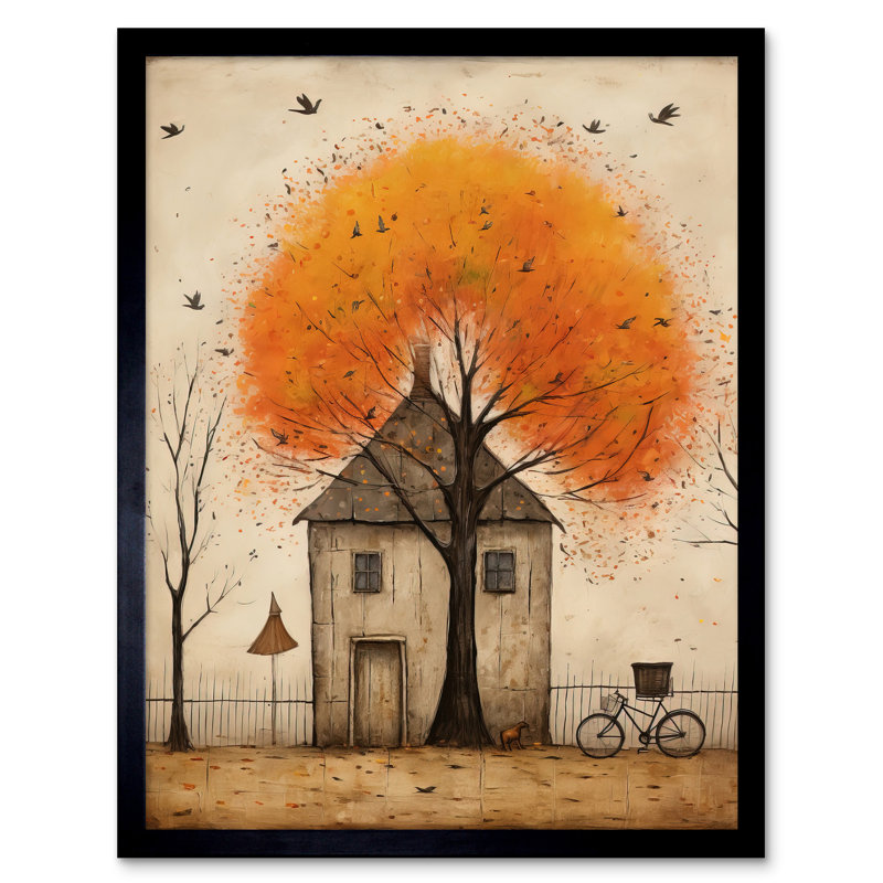 Country House Autumn Tree Painting Orange Brown Rural Life - Single Picture Frame Print