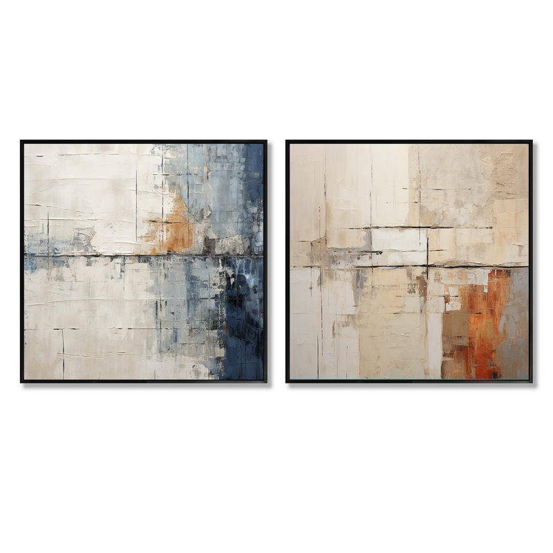 Collage abstrait bleu beige sur route - ensemble de 2 collages abstraits carrés, Cadre flottant noir, H 30 po x l 61 po