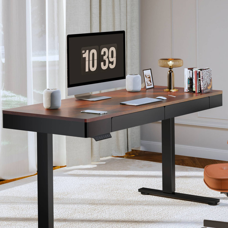 Electric Adjustable Height Standing Desk With Motor & Drawers For Home Office, Brown/Black