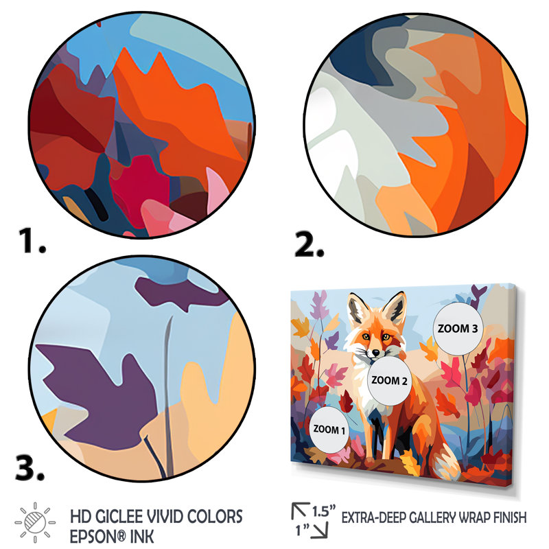 «Orange Foxes Leaf Adventure II», art mural animal renard, Cadre doré à coins fermés, H 30 po x l 40 po x P 1,5 po