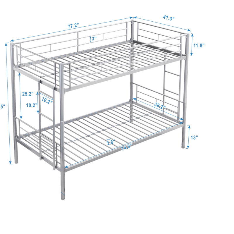 Lit superposé en métal argenté - Style moderne pour économiser de l'espace dans la chambre à coucher, fabrication en acier robuste, repose-pieds silencieux et silencieux, capacité de charge élevée, escalier sécuritaire, lit simple superposé, assemblage facile avec instructions.