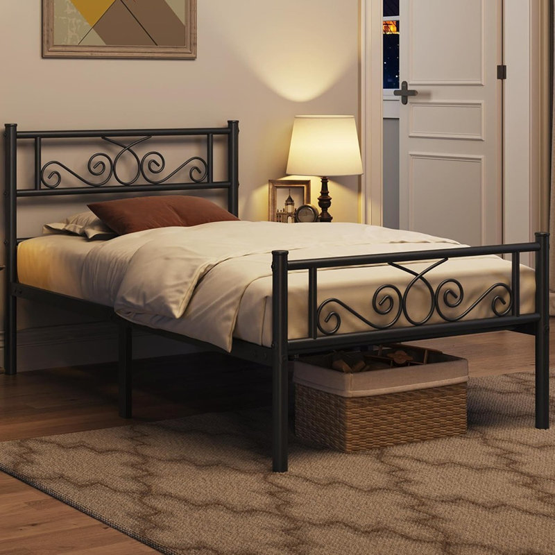 Lit plateforme simple en métal avec tête de lit et pied de lit Aucun sommier requis Assemblage facile, espace sous le lit: 12,6 po / noir / lit simple