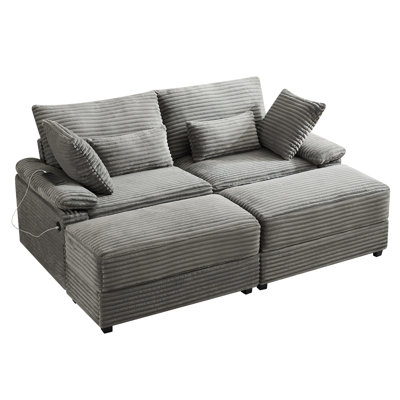 75" Corduroy Chaise Loveseat with 2 Flip-top Ottomans