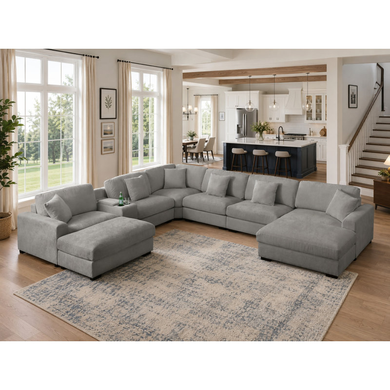 Canapé modulaire surdimensionné en chenille surdimensionné avec deux grands repose-pieds, Chenille gris pâle