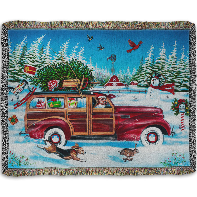 Jeté tissé, Christmas Rush par Robert Andrea, Rush de Noël blanc / bleu / rouge, L 52 po x l 37 po