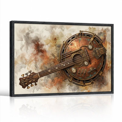 Tableau mural sur toile représentant un banjo steampunk avec des instruments et des engrenages en laiton