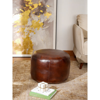 BBH HOMES HANDMADE ECO-FRIENDLY ROUND SHAPED STUFFED BUFFALO LEATHER BROWN POUF - 21" x 21" x 12", Round Shape, Brown Color, Plain Solid Design, Genunie Buffalo Leather, Recycled Cotton Stuffed, Seating Pouf For Living Room, Study Room, Patio & Office
