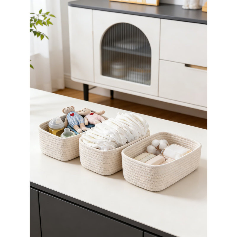 Small Woven Storage Basket Set Of 3, Handwoven Natural Cotton Rope Organizer Bins With Handles For Shelves, Closet, Nursery, And Home Decor