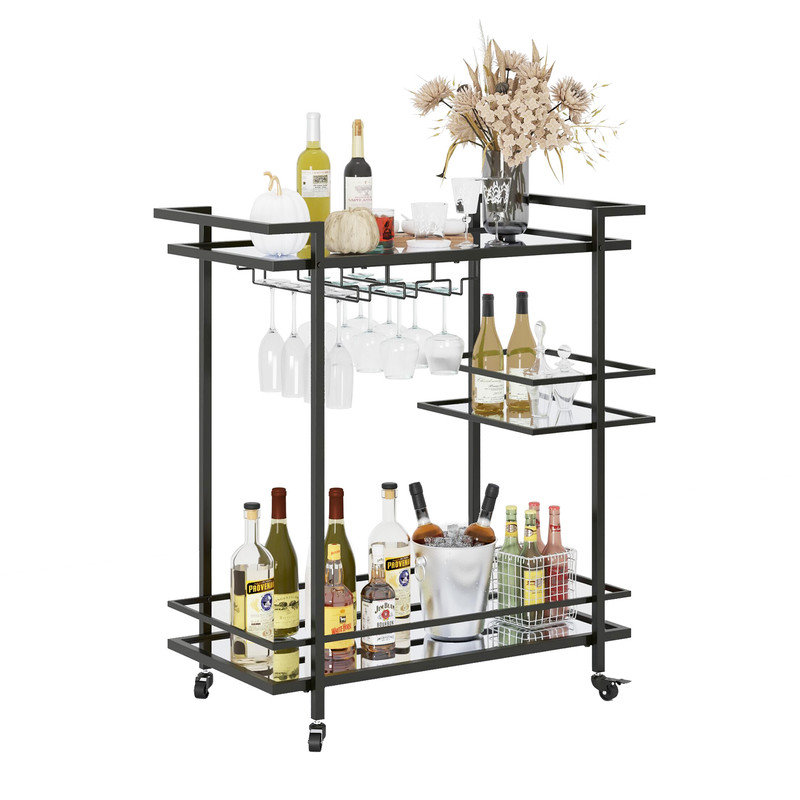 Black Metal and Glass 3-Tier Bar Cart with Storage