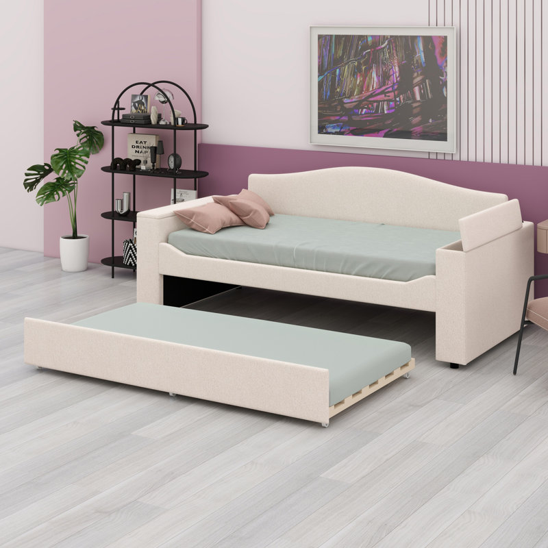 Upholstered Daybed With Storage Armrests, Trundle Bed And Latest Integrated Bluetooth Audio System, Beige