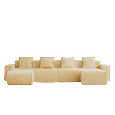 Modular Sectional Sofa, 4-Seat Sofa Couch With Throw Pillows And Two Movable Ottomans
