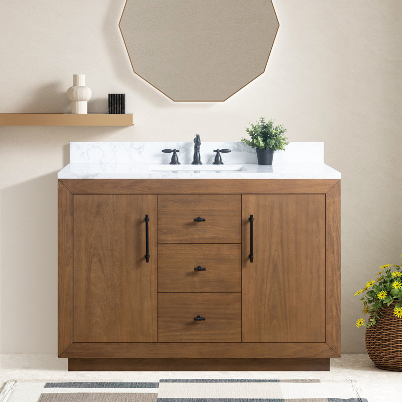 Ensemble de meuble-lavabo autoportant avec lavabo en marbre d'ingénierie 48 po Avignon, Blanc Arabescato, Tanné, 48"