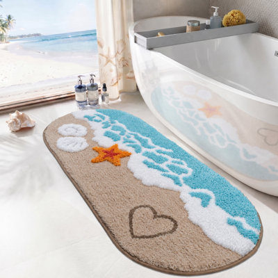 Blue Beach Bathroom Runner Rug, Fluffy Plush Microfiber Non-Slip Bath Mat, Absorbent Long Ocean Floor Mat with Starfish Seashell Decor, Machine Washable, 20"x47"