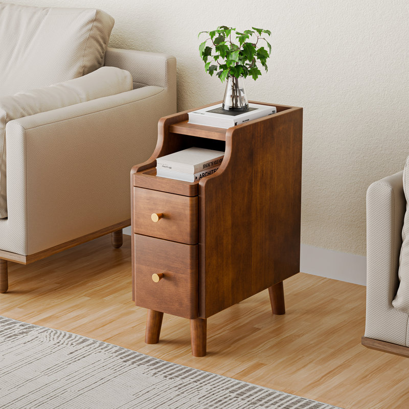 Narrow Nightstand with Drawers, Pre-Assembled Solid Wood Small Skinny Night Stand with Open Sliding Shelf, Walnut