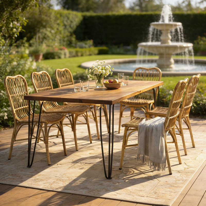 Ensemble de salle à manger d'extérieur 7 pièces pour 6 tables rectangulaires en bois d'acacia de 72 pouces avec chaises en rotin