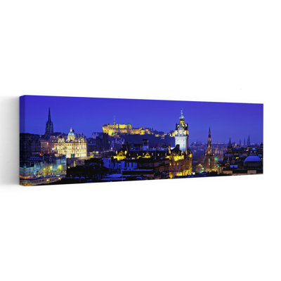 Buildings Lit Up At Night With A Castle In The Background, Edinburgh Castle, Edinburgh, Scotland Abstract Contemporary Architecture City Wall Art