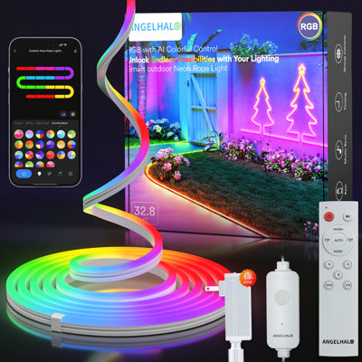 Guirlande lumineuse néon extérieure de 10 m (32,8 pi), RVB à changement de couleur, étanche IP65, compatible avec Alexa et Google Assistant, synchronisation musicale, modes d'ambiance personnalisables, bande lumineuse néon en silicone pour jardin et fêtes.