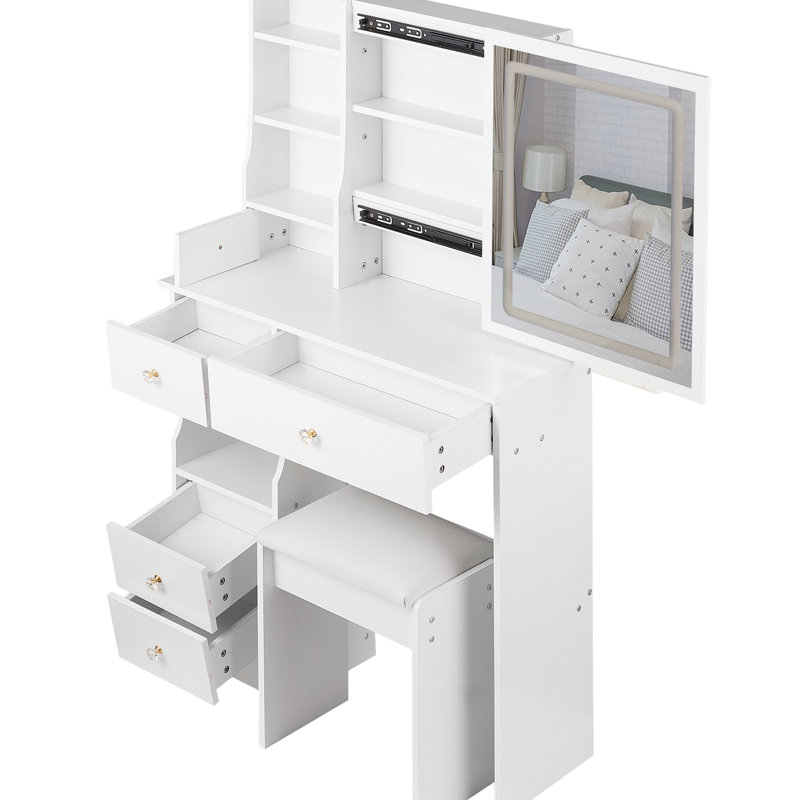 Table de coiffeuse de 29,2 po avec tiroir à gauche et tabouret rembourré, miroir à DEL réglable à luminosité tricolore, convient aux espaces compacts coulissants, espaces idéaux