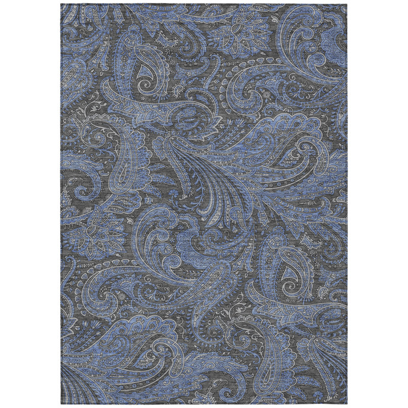 Tapis intérieur / extérieur 10 pi x 14 pi gris anthracite et bleu à motif cachemire lavable