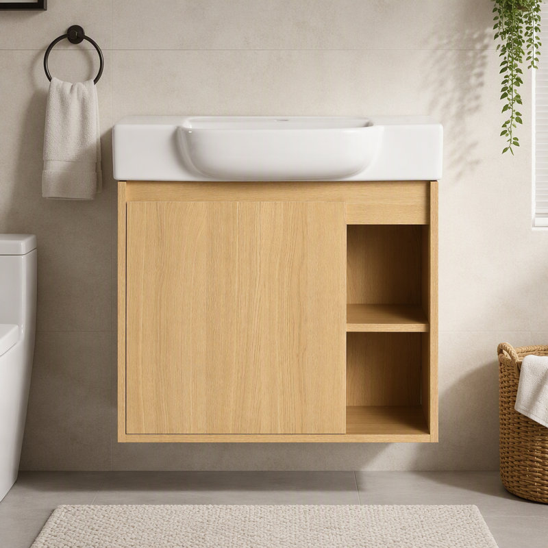 Meuble-lavabo mural 24 po avec lavabo en céramique blanche et porte à fermeture en douceur, emballage KD, chêne clair, 24"