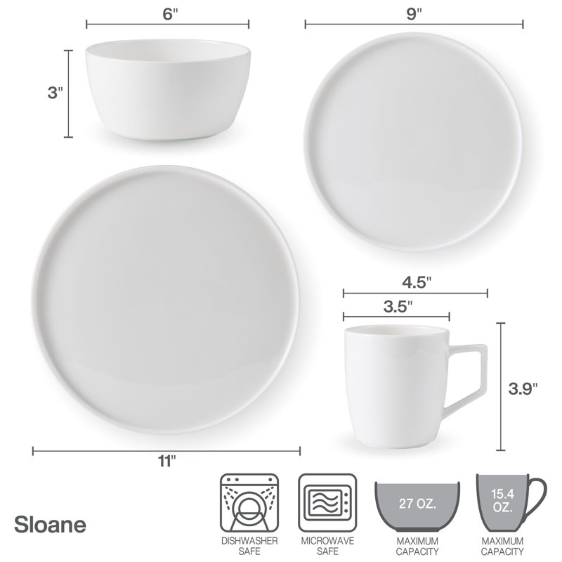 White Porcelain 16-Piece Round Dinnerware Set, Service for 4