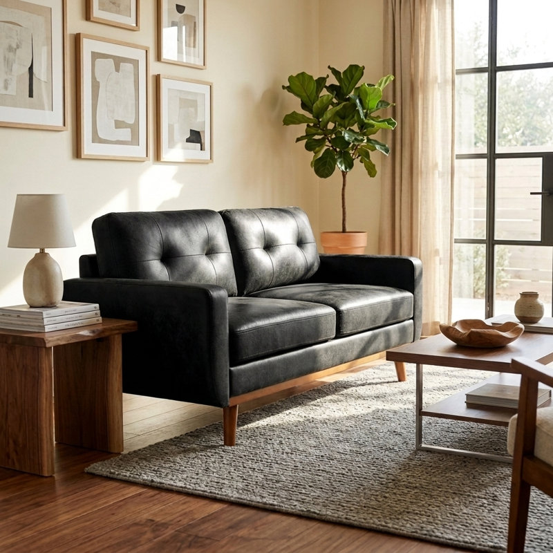 Canapé de style moderne 65 places 2 places avec accoudoirs carrés et pieds en bois massif, Black