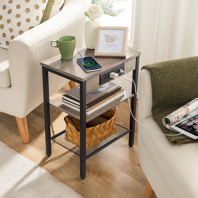 Romar 21.7'' Tall End Table with Built-In Outlets, Gray/Black