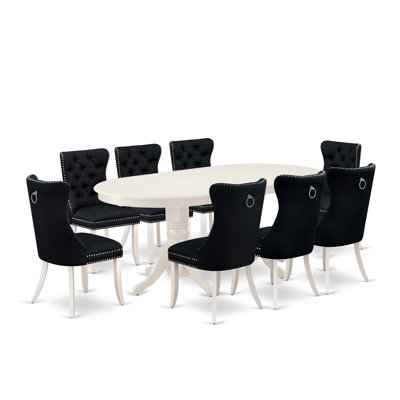 9 Piece Dining Room Set Contains an Oval Wooden Table with Removable leaf and 8 Upholstered Chairs, linen white