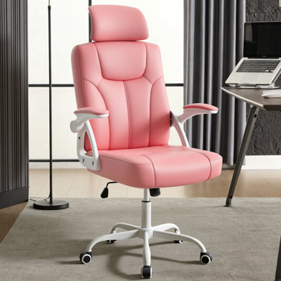 Fauteuil de bureau de direction en cuir PU à dossier haut, avec accoudoirs et appui-tête relevables, ergonomique et pivotant à 360°, idéal pour étudier ou travailler au bureau. Couleur : rose.