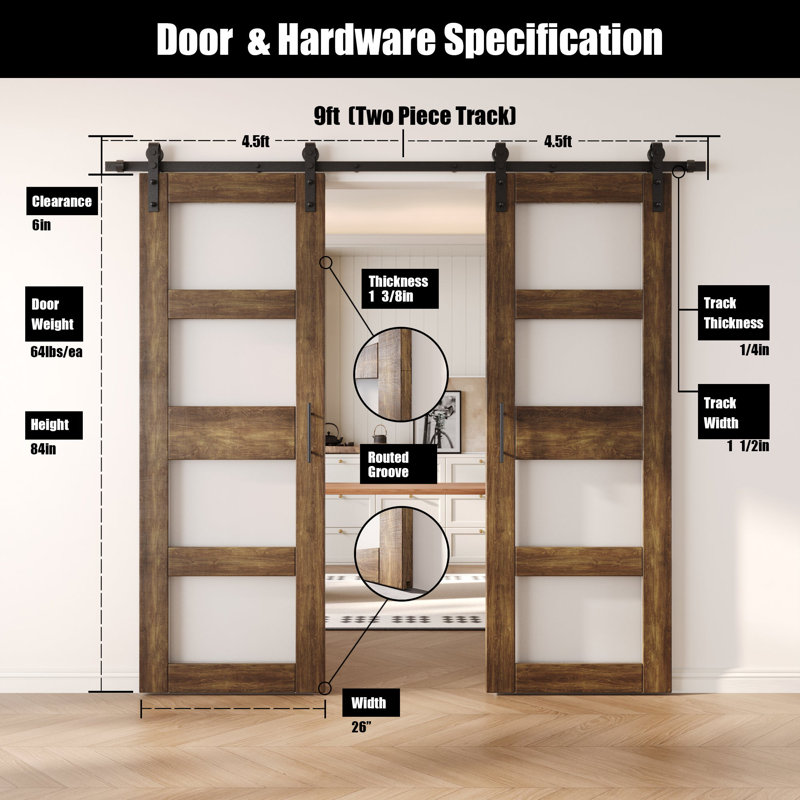 Portes de grange non assemblées et finies en verre noyer double de 26 po x 84 po Homquer, 26" X 84"