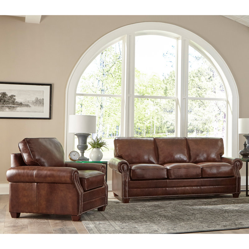 Ensemble de salon 2 pièces pour le lit en cuir Lyndsey, Cuir véritable brun châtaignier