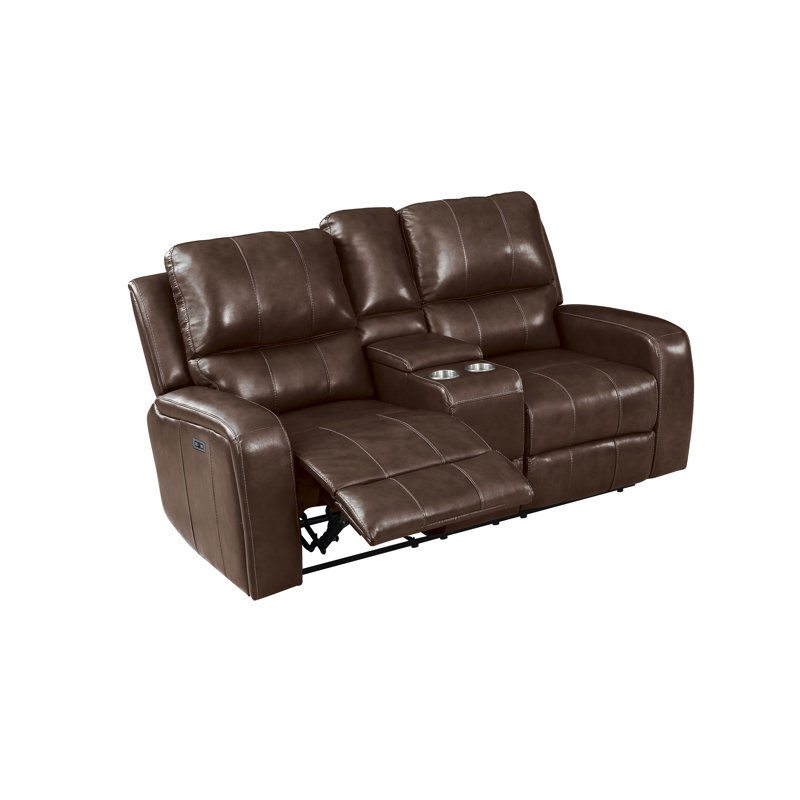Causeuse en cuir Joela avec fauteuils inclinables doubles, Similicuir brun, Manuel - Inclinaison par pression